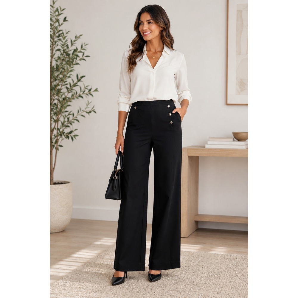J'Envie Pants Black Stone Canvas Wide Leg Asymmetrical Button Quiet Luxury Sz 4